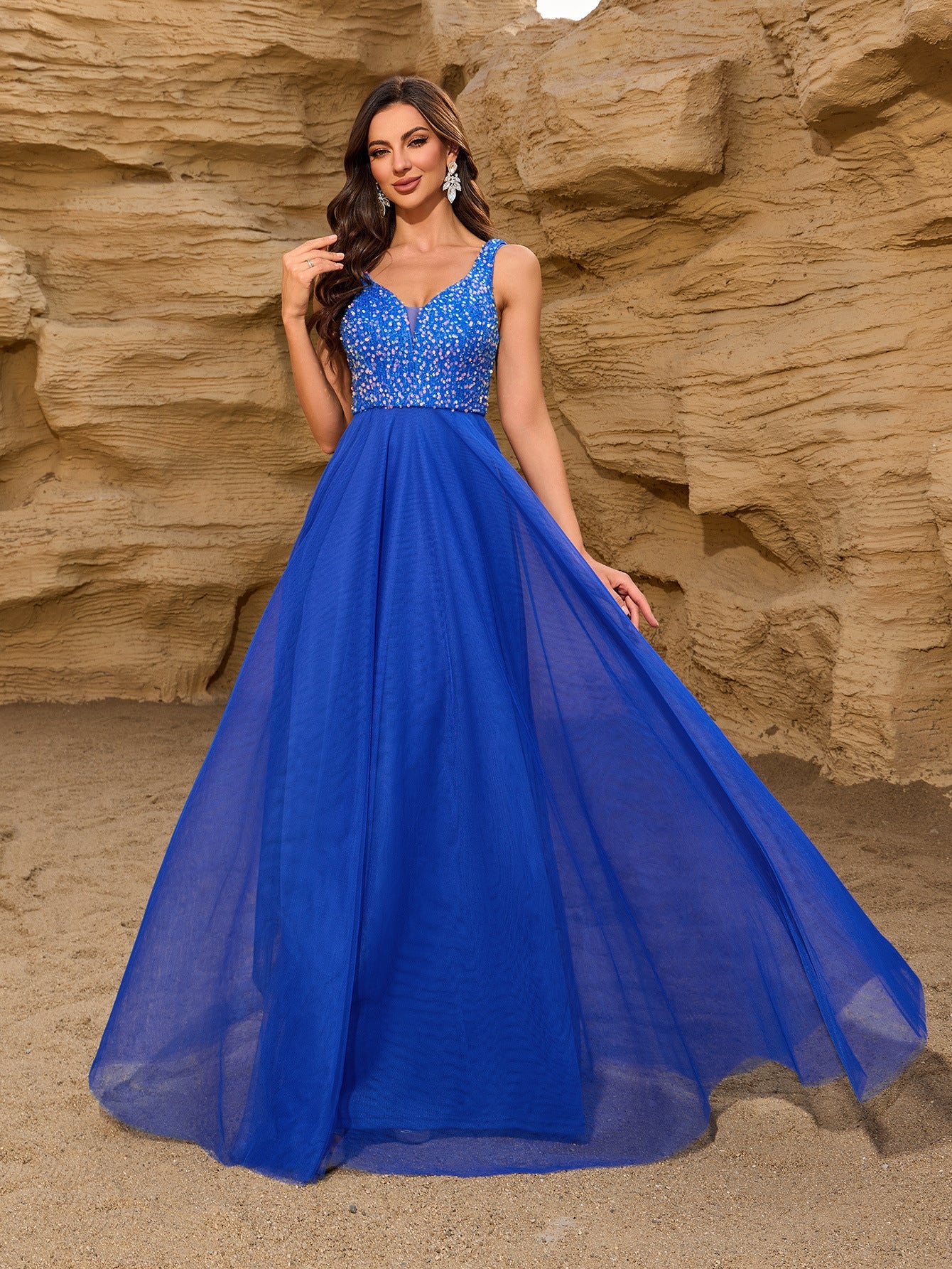 Refined Sequin Stitching Mesh Double Collar Party Dress Sleeveless Large a Hem Full Lining Maxi Dress Prom