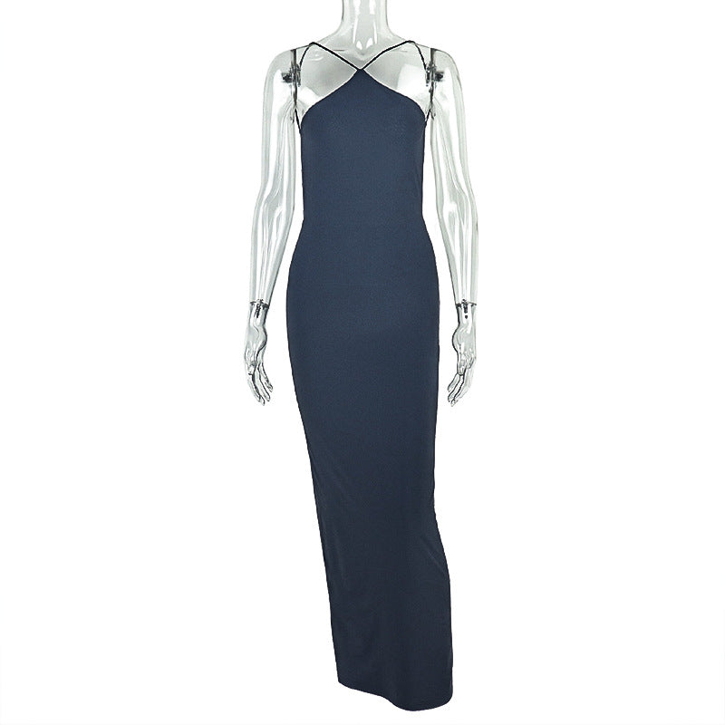 Solid Color Graceful Women Dress Elegant One Step Low Waist Hip Dress Halter Sleeveless Backless Maxi Dress