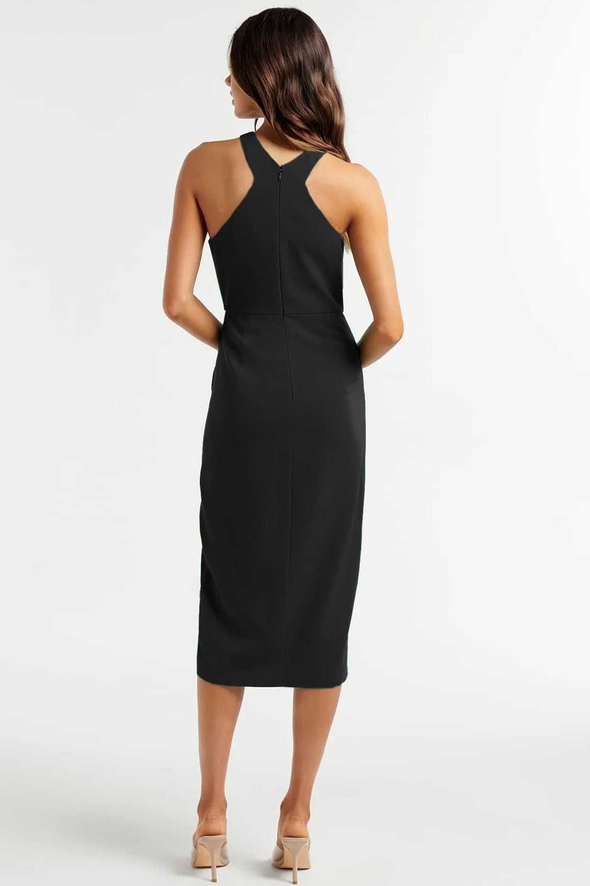 Satin Havyn Asymmetrical Halter Midi Dress Black