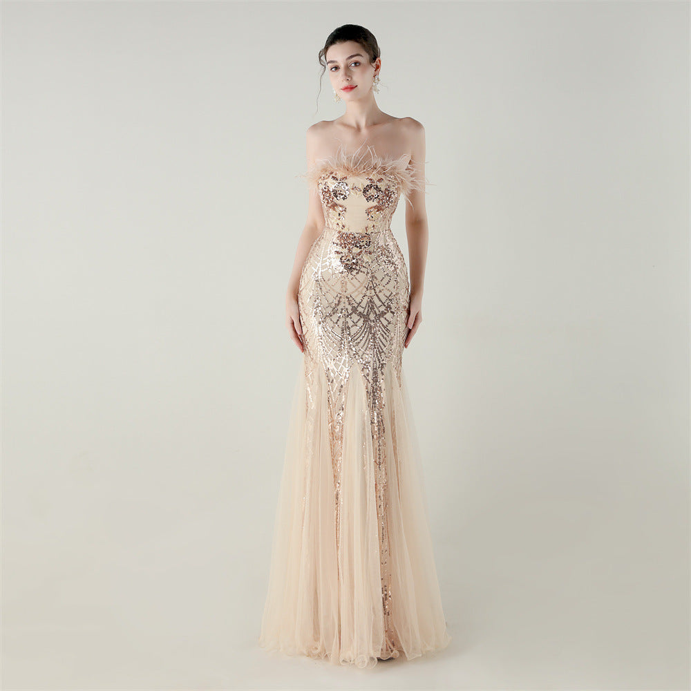 Sequin Beaded Tube Flower Ostrich Feather Tube Top Cross Strap Mesh Fishtail Evening Dress Cocktail Wedding