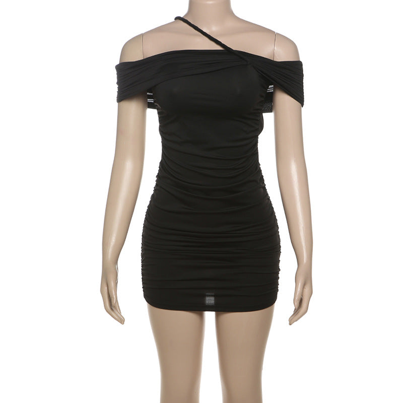 Color Solid Pleated off Shoulder Collar Tube Top Package Hip Dress