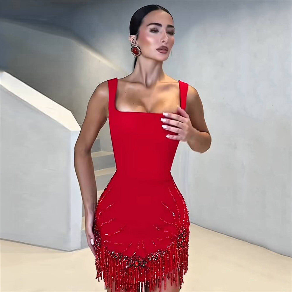 Chic Sleeveless Diamond Beaded Tassel Bandage One Piece Dress Prom Party Dinner Dress Short