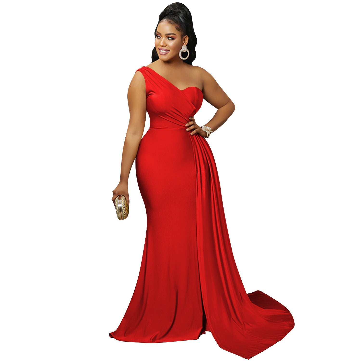 Solid Color Party Tight One Shoulder Sleeved Dress Maxi Dress Women