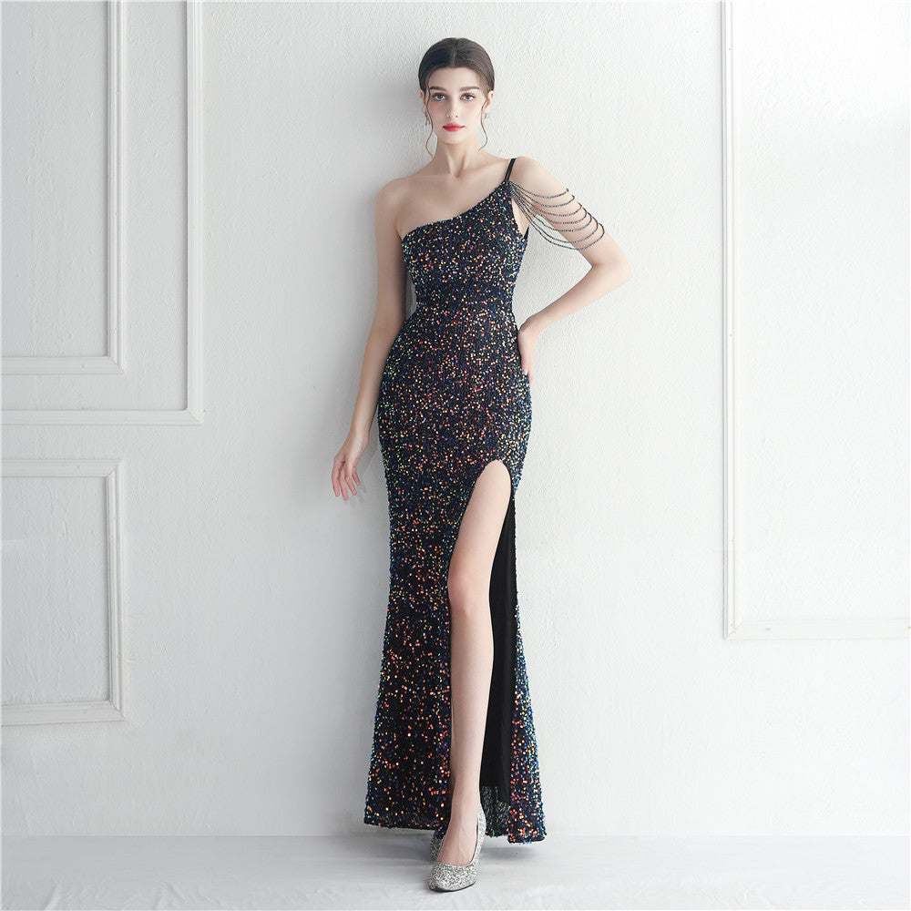 Beaded Craft Single Shoulder Suspender Sheath Split Leg Exposed Nightclub Evening Dress Dress