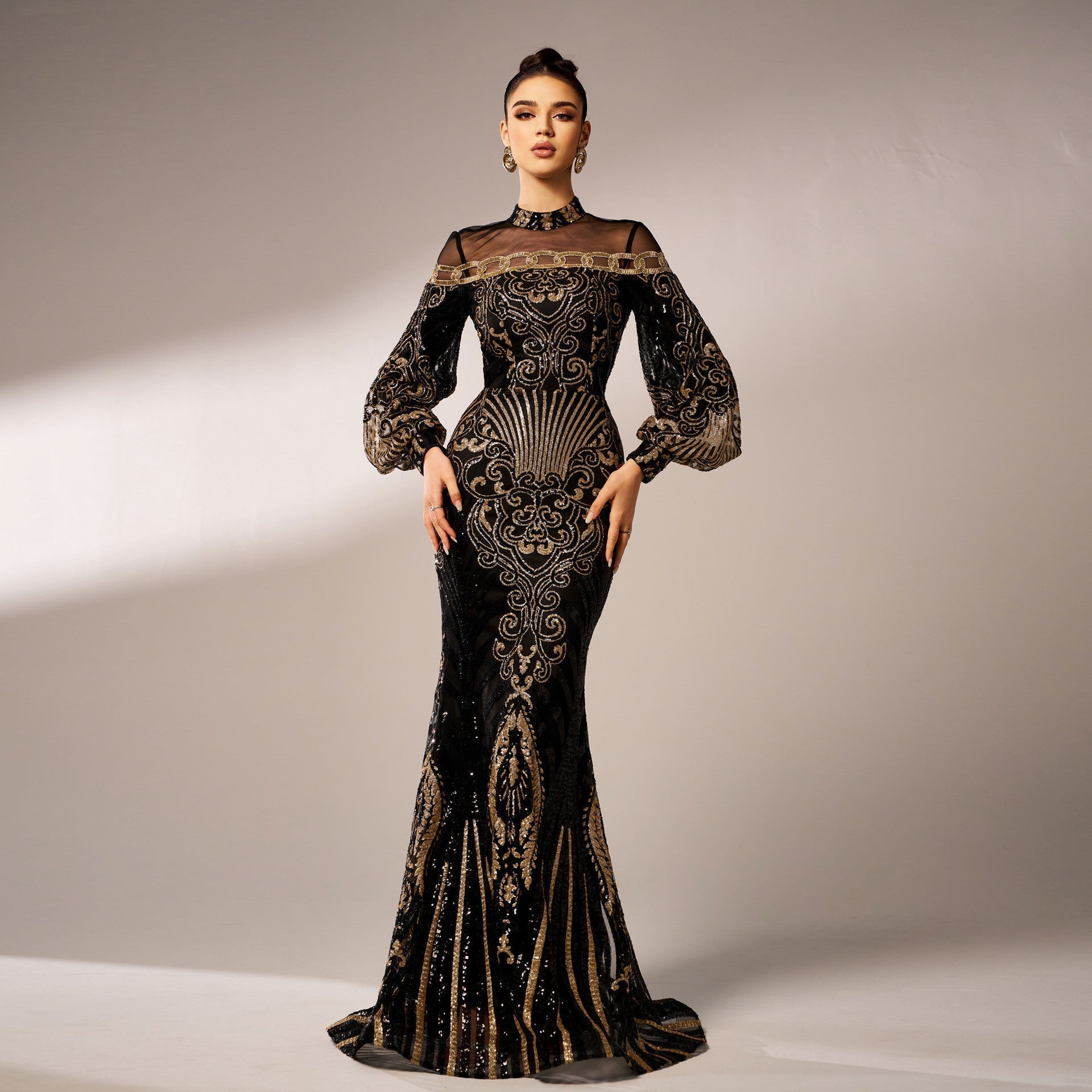 Sleeve Long round Neck Long Sequined Cocktail Mesh Fishtail Evening Dress Bridesmaid Dress