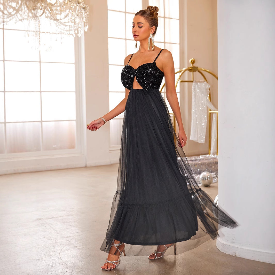 Mesh Sequ Camisole Evening Long Sophisticated Socialite Slim Fit Slimming Dress