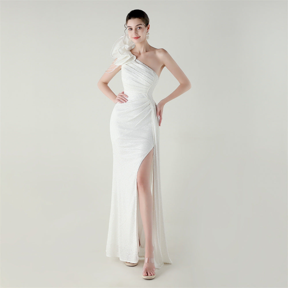 Craft Flower Beaded One Shoulder Diagonal Collar Fishtail Evening Dress Dinner Wedding Awards Ceremony Social Dress