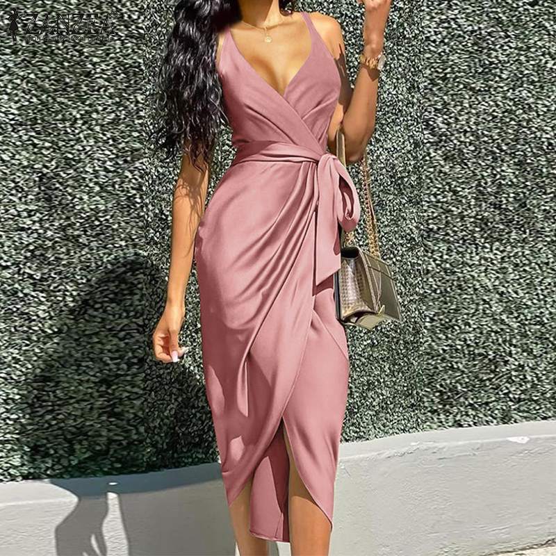 Satin Starling Wrap Midi Dress Peach