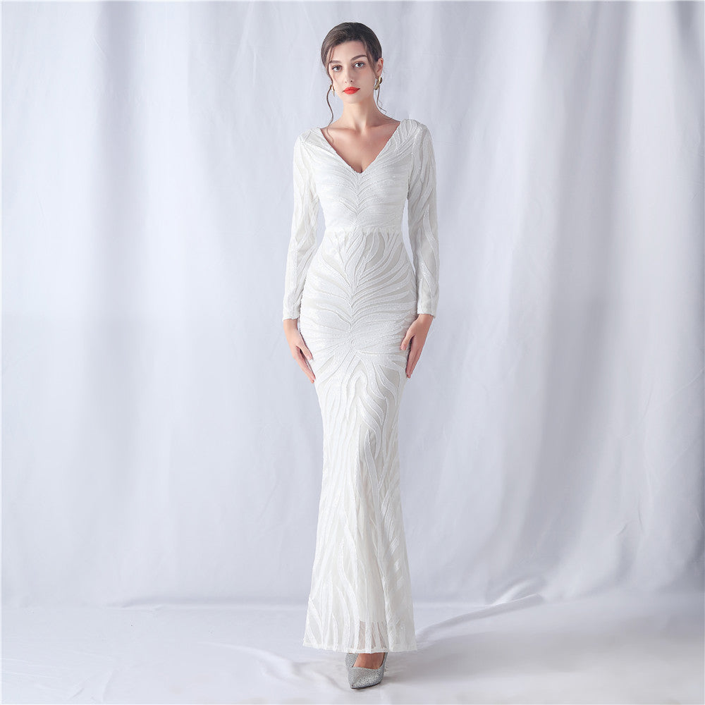 Positioning Flower Cutting Craft Magic Color Sequin Annual Meeting Wedding Long Sleeve Evening Dress
