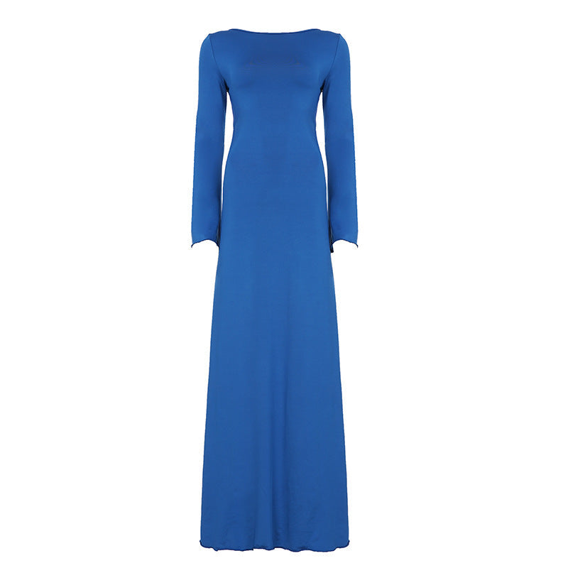 Lace up Stitched Backless Sexy Long Sleeved Dress Women Vacation Graceful Pure Maxi Dress