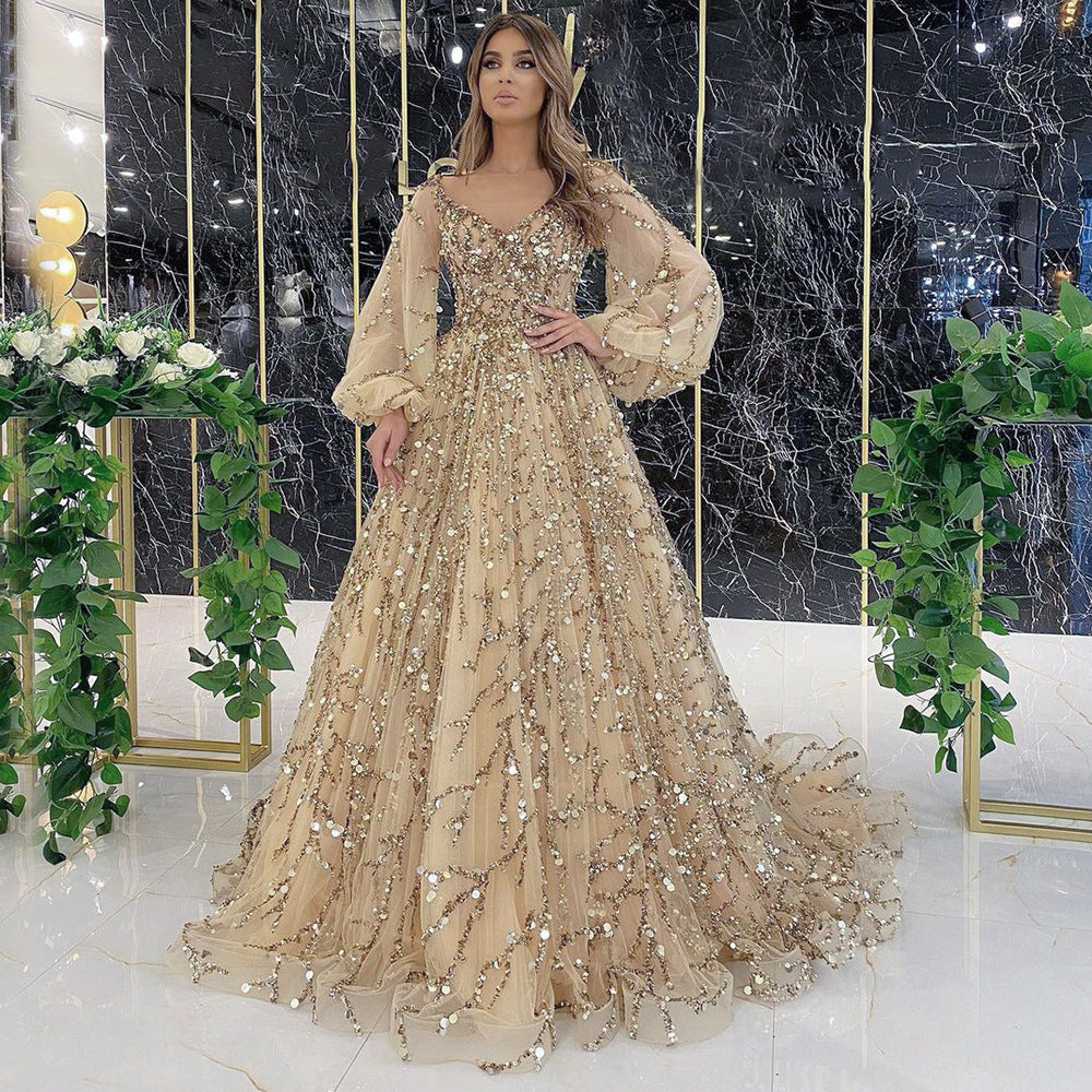 Gold Heavy Industry Beads Premium Evening Dress Sexy Socialite Aura Queen Maxi Dress