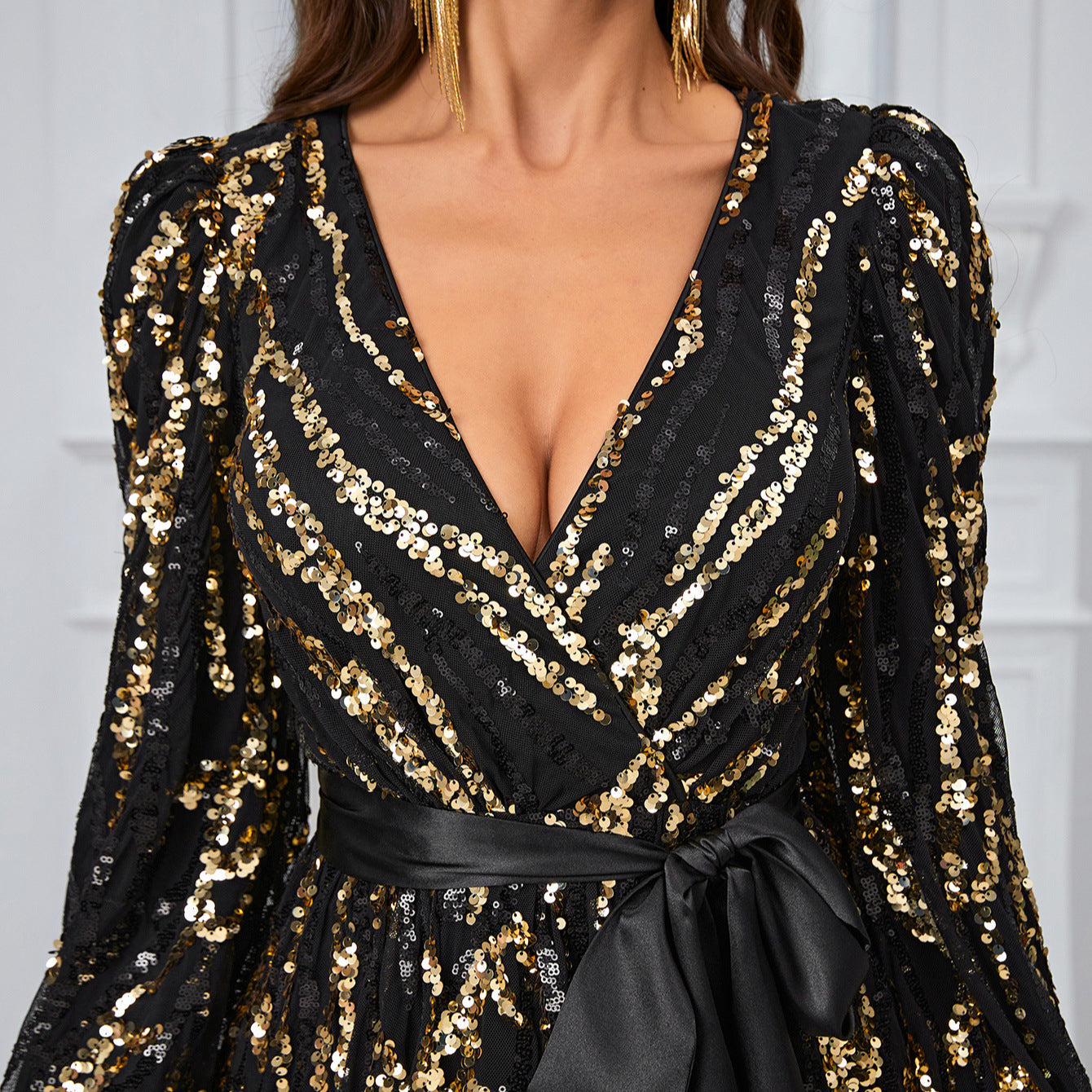 Women Prom Evening Dress Sequined Lace up Random Printed V neck Long Sleeve Light Premium Party Evening Dress