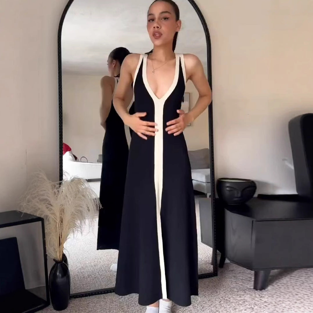 Matching Color Front Back V neck Long Spaghetti Straps Knitted Hepburn Dress Black