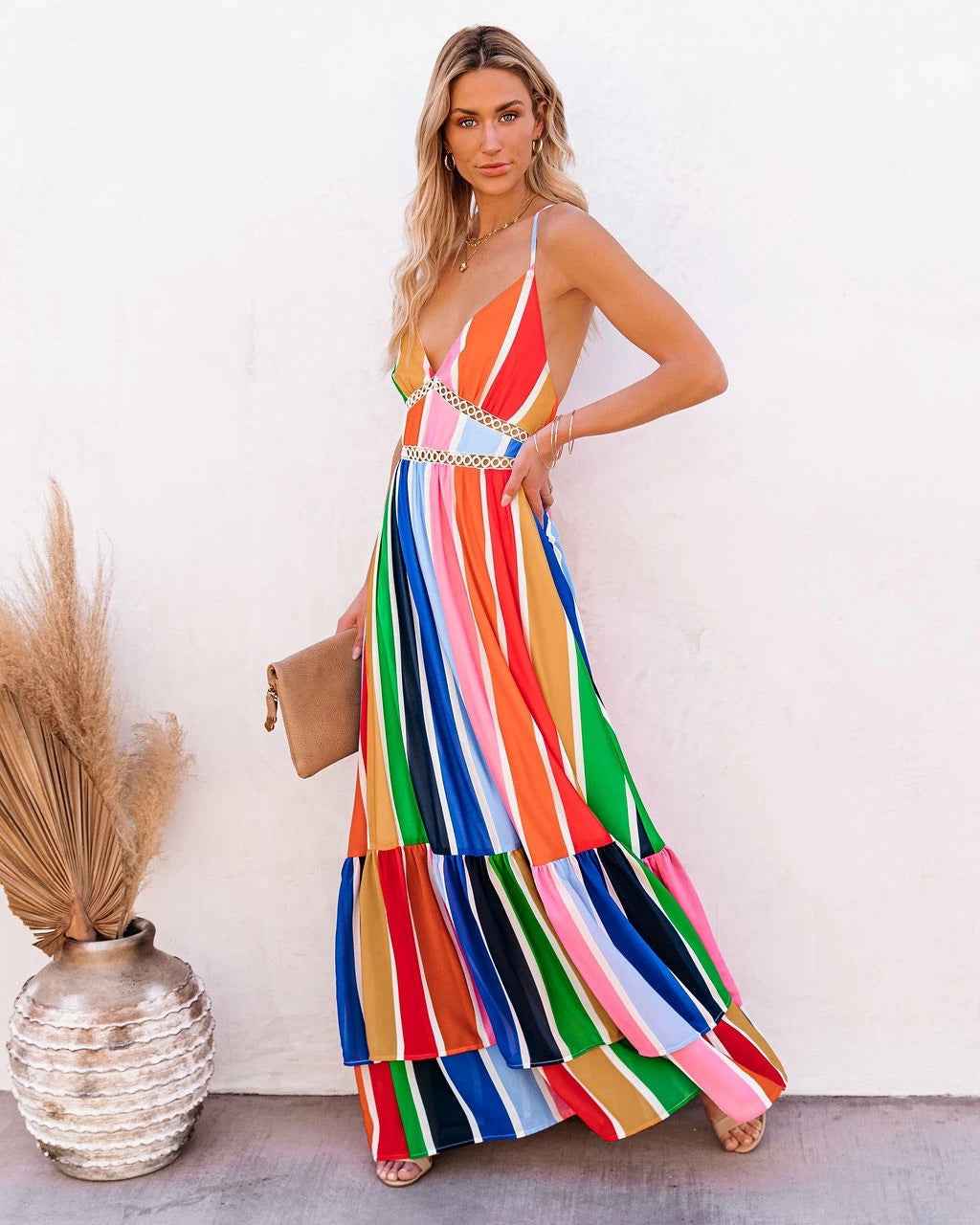 Fiesta To Siesta Crochet Striped Maxi Dress Yellow Orange Multi