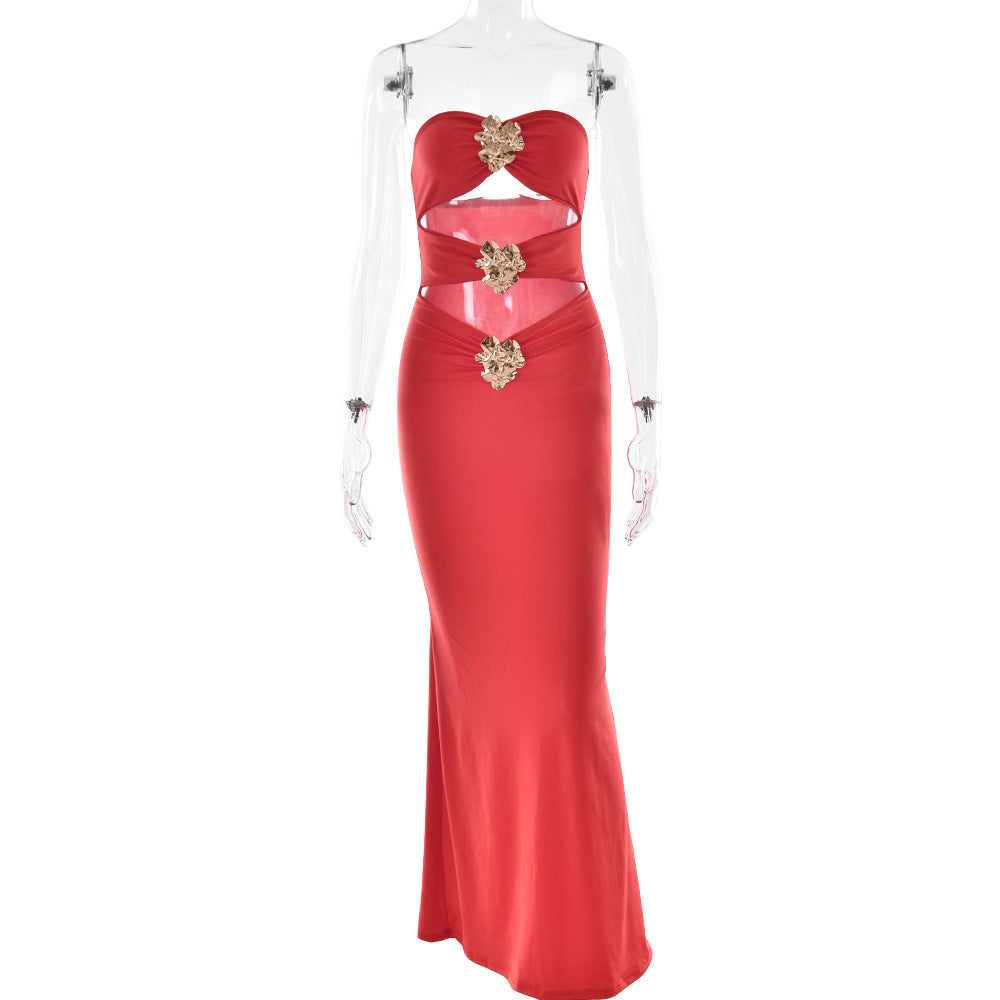 Summer Ladies Sexy Cutout Dress off Neck Metal Bloom Sexy Slim Fit Maxi Dress