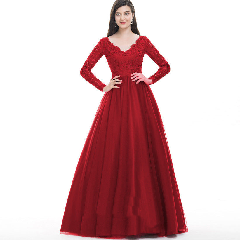 Women Mesh Lace Long Long-Sleeved Wedding Bridal Gown Dress Evening Maxi Dress