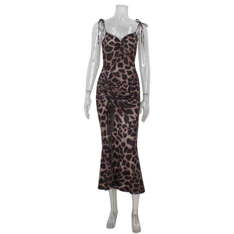 Print Leopard Printing Slip Dress High Waist Slit Sheath Dress