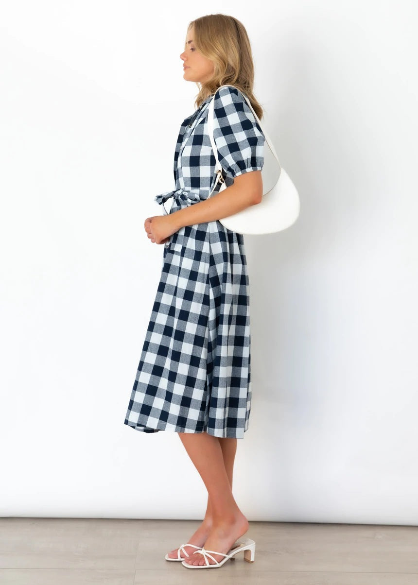 Pocketed Saturn Plaid Button Down Midi Dress