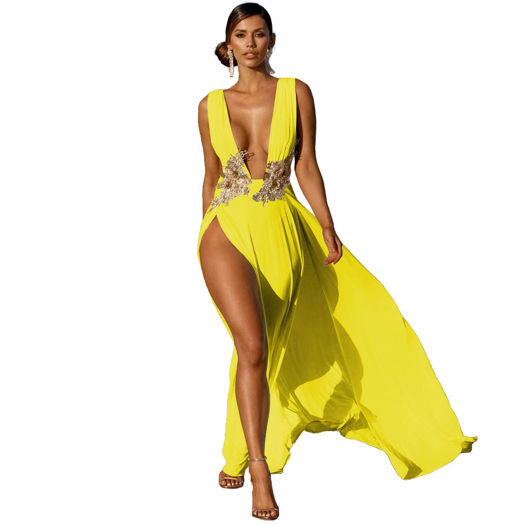 New Ladies Maxi Dress Chic Fashion Wedding Evening Dress Deep V Plunge Plunge High Slit Part Large Swing Mop Dress