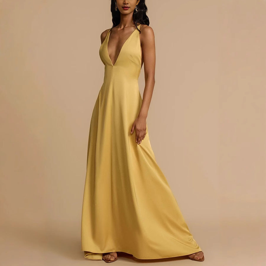 Summer Attractive Backless V neck Satin Maxi Dress Women