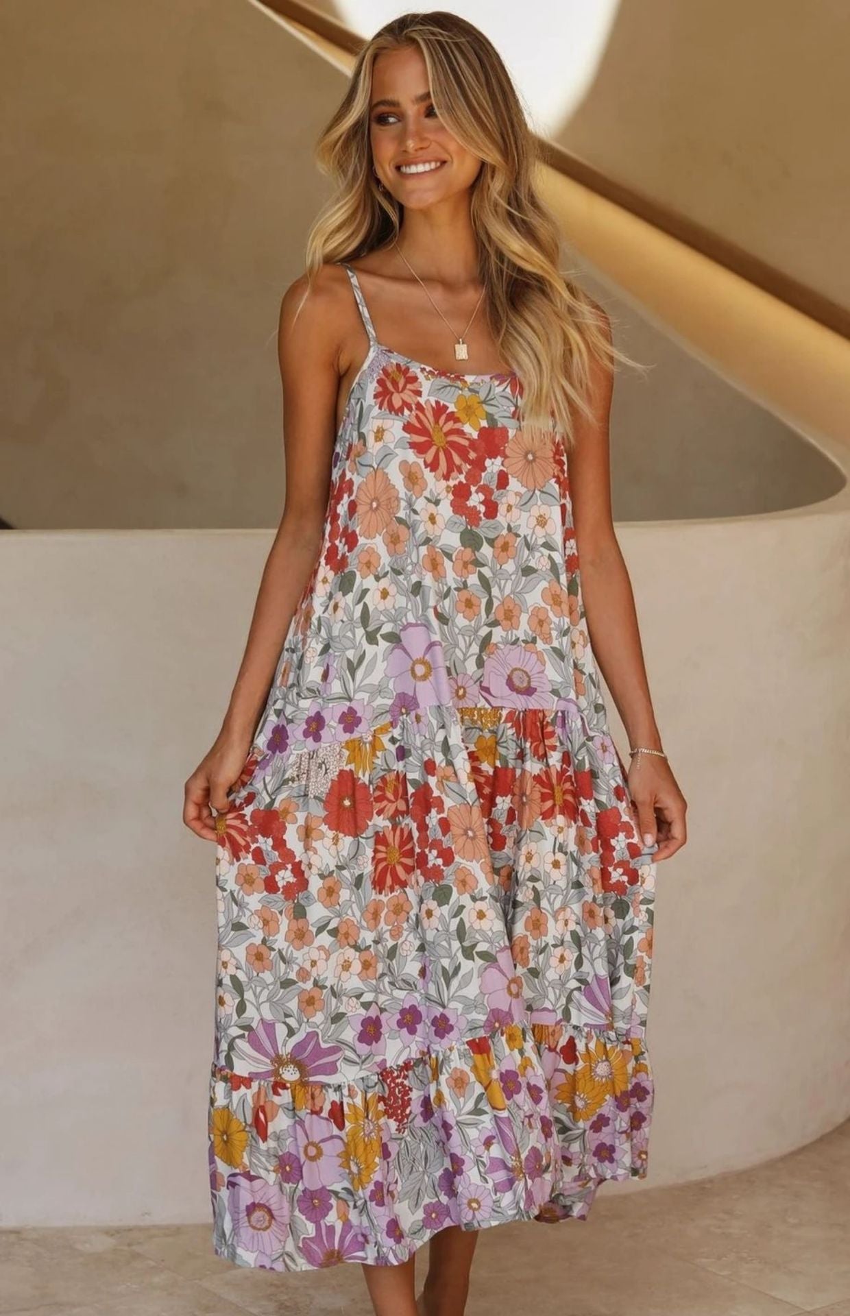 Kiram Flower Tiered Tassel Babydoll Dress Pink Multi