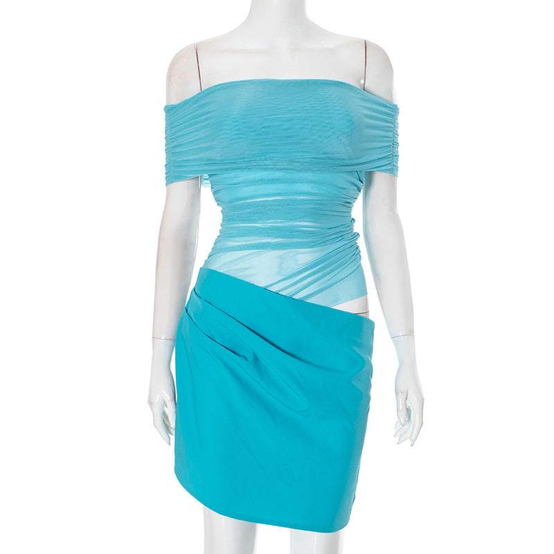 Stitching Mesh off Neck Transparent Slim Fit Sheath Dress