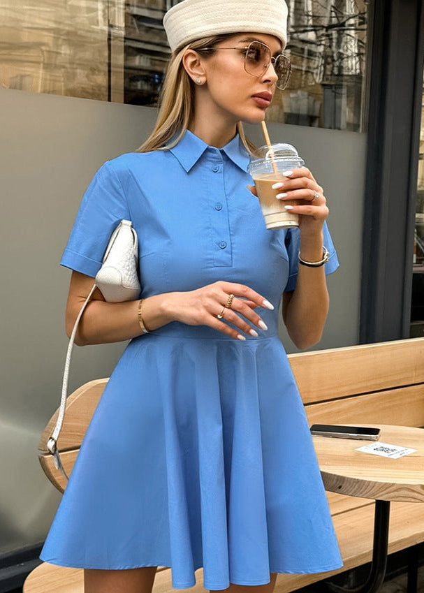 Sleeve Short Button Up Flare Dress