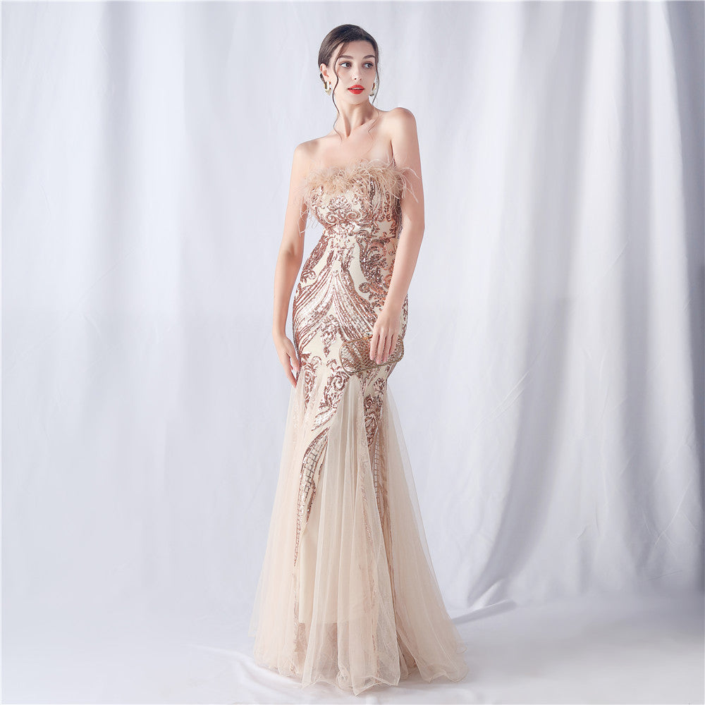 Ostrich Feather Positioning Flower Cutting Wedding Annual Meeting Tube Top Sequin Gauze Evening Dress