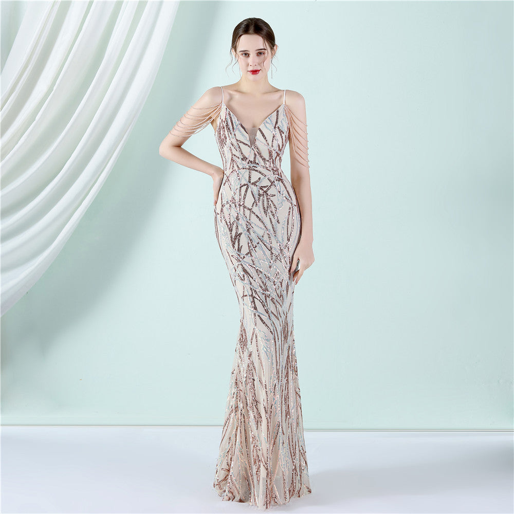 Sling Sequin Toast Dress Bride Extended Appreciation Dinner Slim-Fit Fishtail Wedding Car Model Exhibition Dress