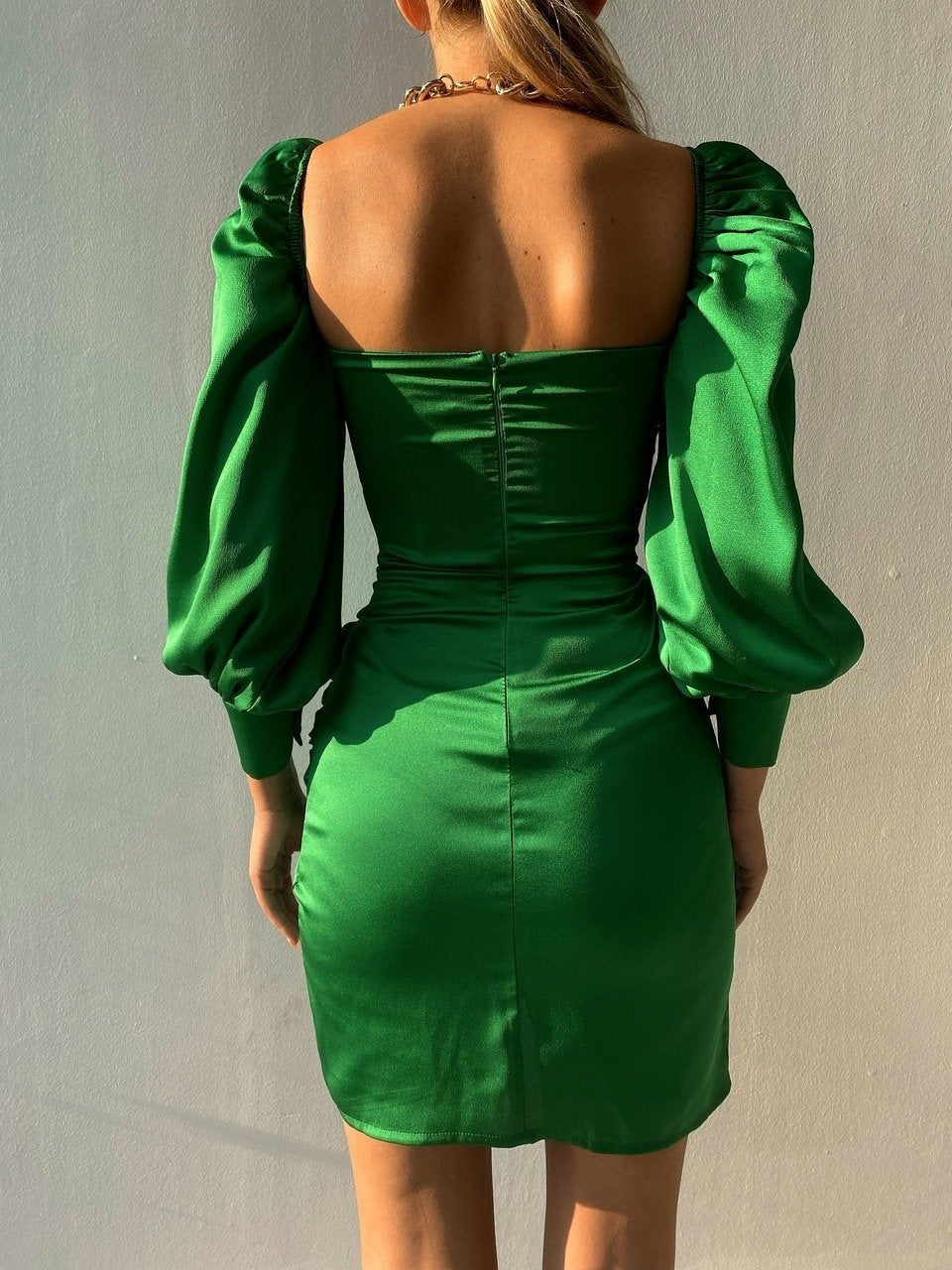 Satin Elyssa Ruffle Mini Dress Emerald