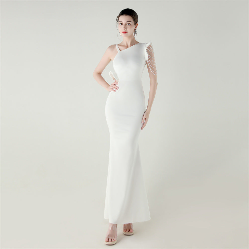 Satin Single Shouldered Beaded Fishtail Slim Fit Evening Dress Cocktail Wedding Cut out Ruffled Bottoming Dress