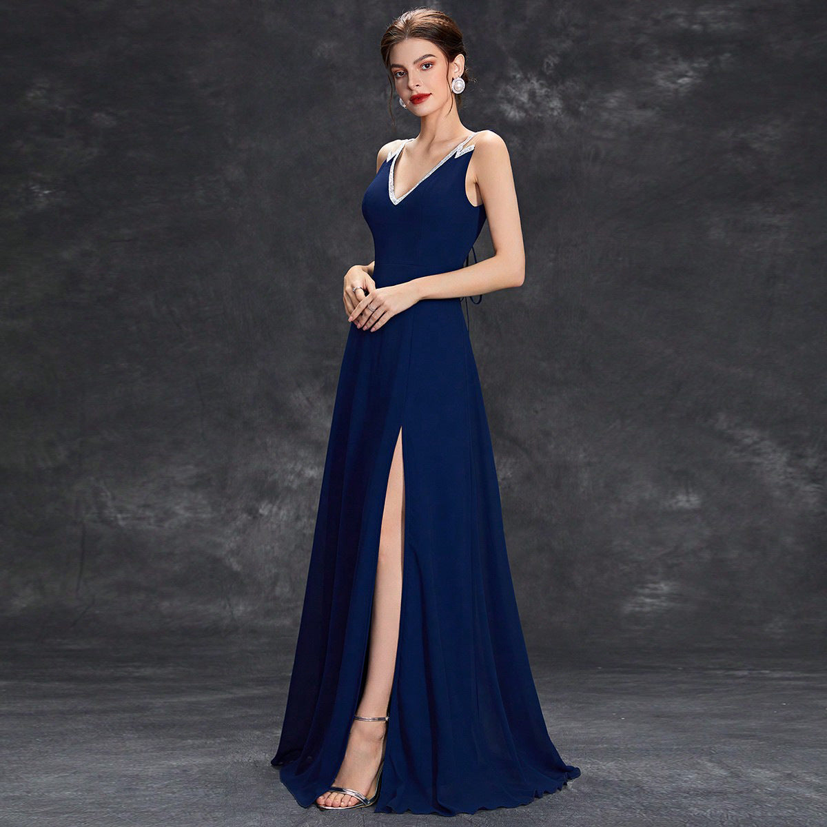 Solid Color Evening Deep V Plunge neck Sleeveless Split Polished Dress Cocktail Party Prom Maxi Dress Summer