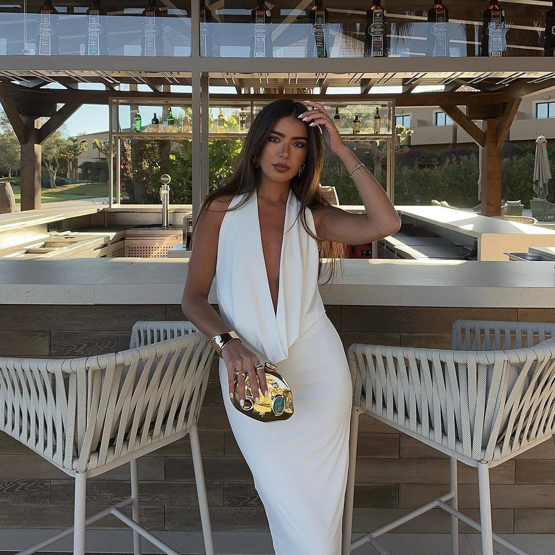 Women Clothing Summer Seaside Holiday Chic Backless Solid Color Slim Fit Maxi Dress Pleated Hanging Collar Dress