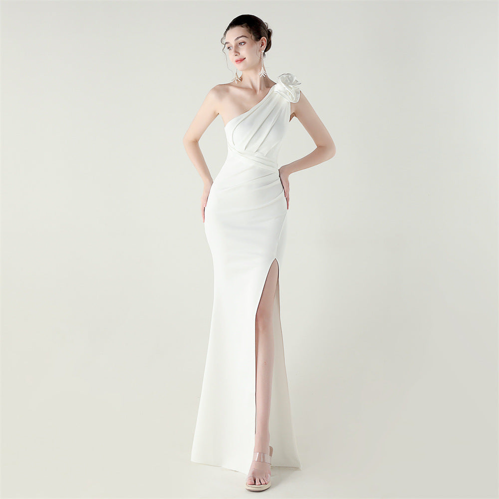 One Shoulder Three Dimensional Flower Satin Folding High Slit Sexy Evening Dress Dinner Wedding Social