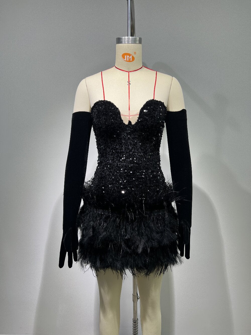 Party Birthday Black Beaded Sequ Feather Strapless Dress
