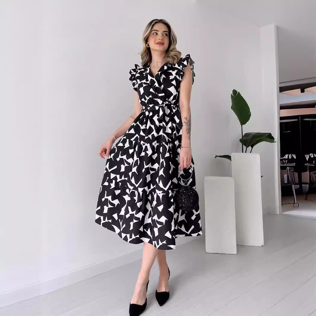 Refined Dress V neck Slimming Waist Trimming Lace up Black White Printed Midi Dress
