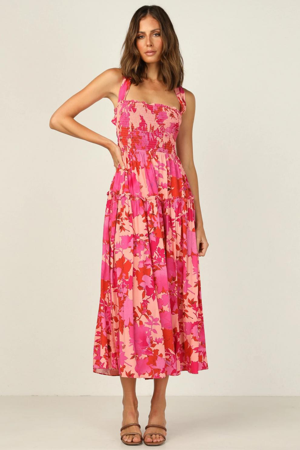 Edris Cotton Botanical Tiered Midi Dress Coral Pink