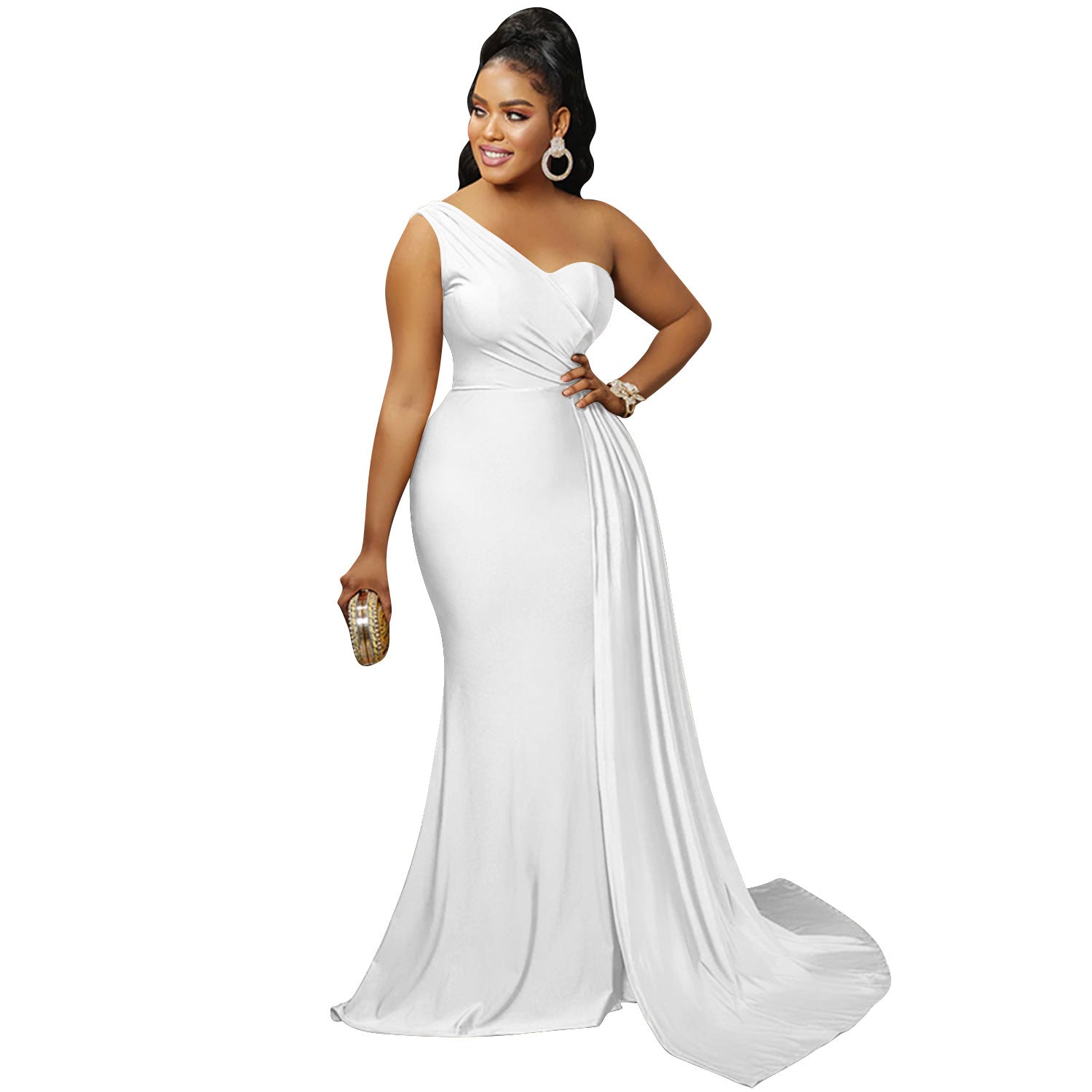 Solid Color Party Tight One Shoulder Sleeved Dress Maxi Dress Women