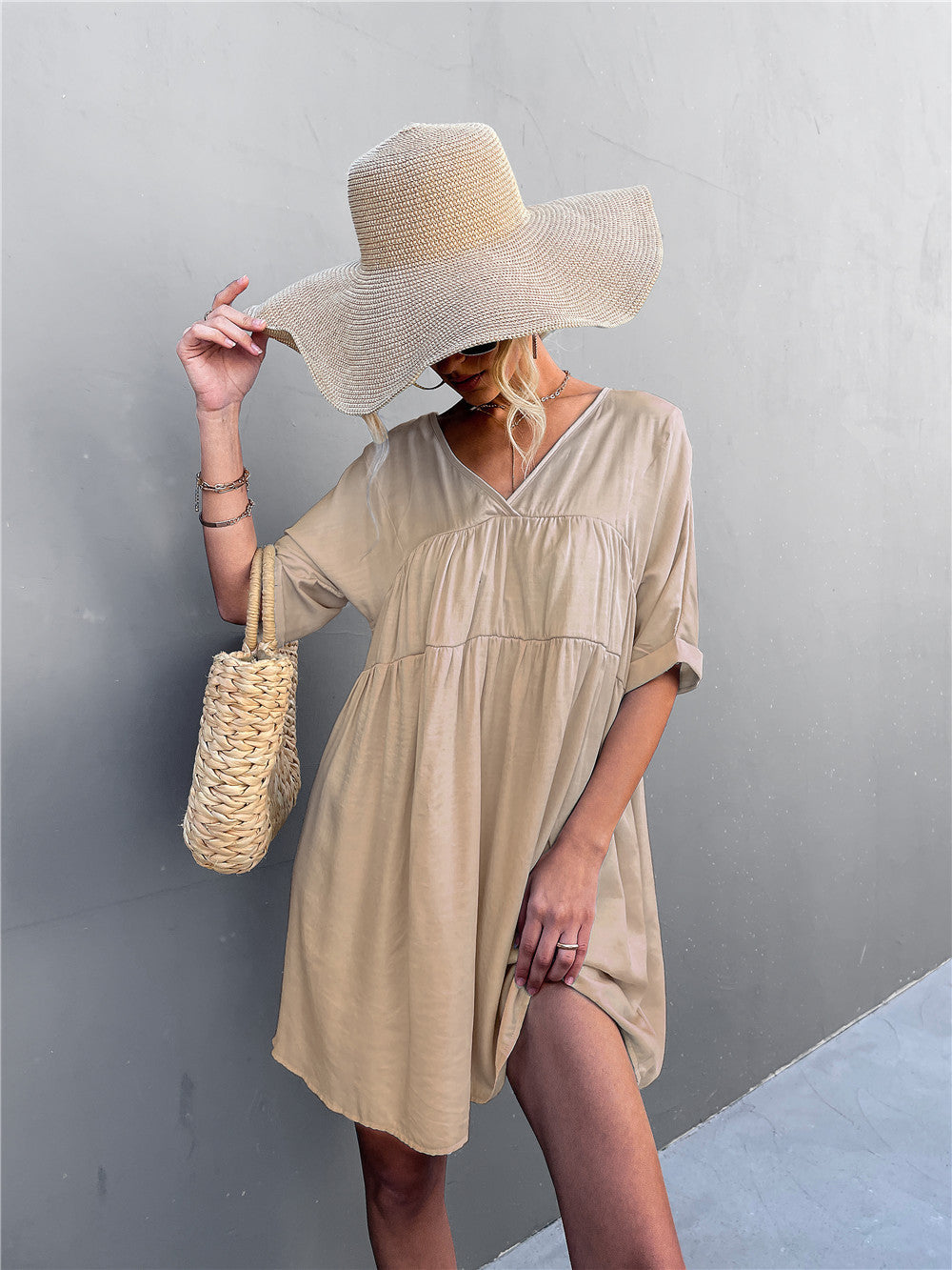 Cotton Goodness Pocketed Babydoll Dress Khaki