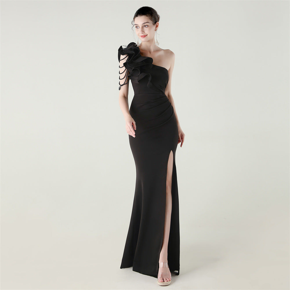 Single Shoulder Craft Beaded Nail Hair Wave Flower Satin High Slit Sexy Evening Dress Evening Cocktail Wedding