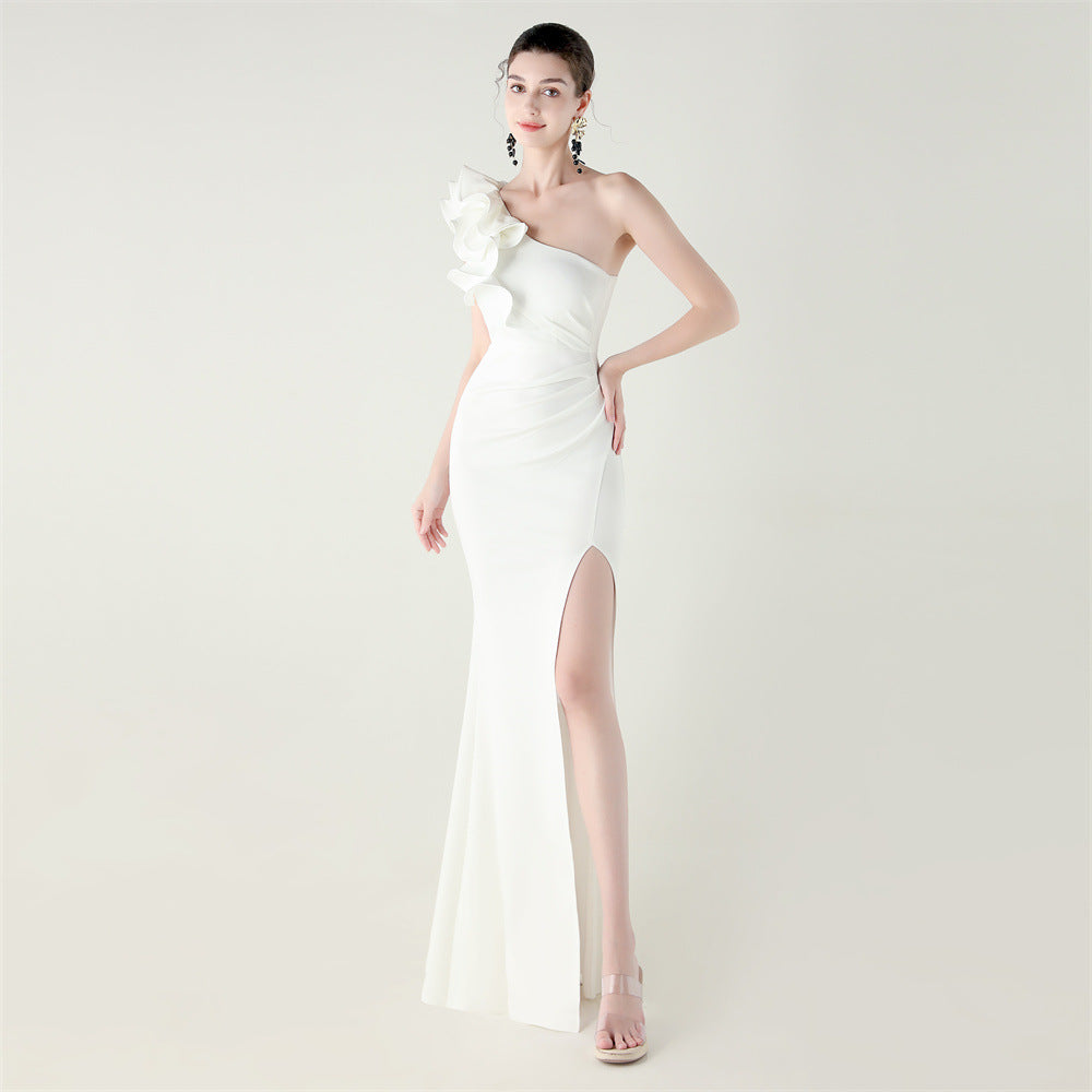 One Shoulder Craft Wave Flower Satin High Slit Sexy Evening Dress Dinner Party Wedding Social
