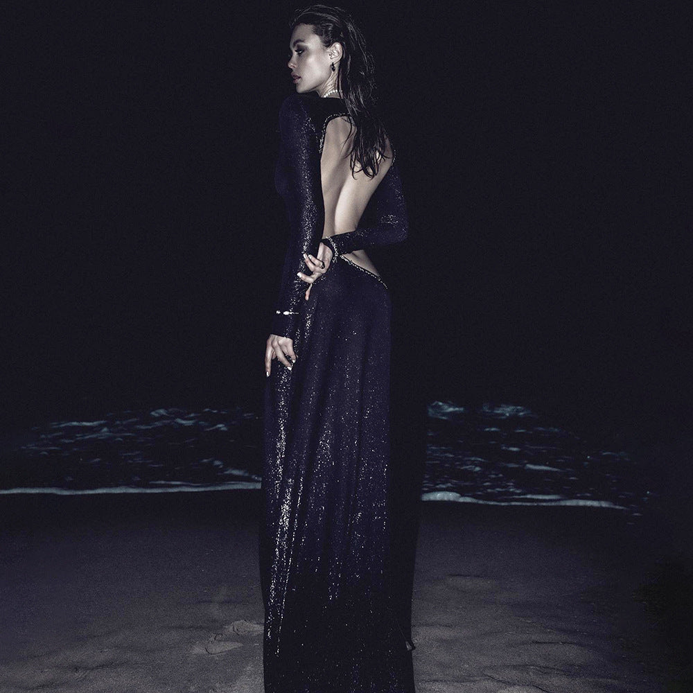 Black Wear Long Sleeve Scorpion Backless Slit Silver Silk Dress