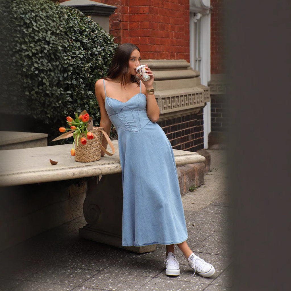 Sleeveless Collection Spaghetti Straps Slimming Imitation Denim Dress