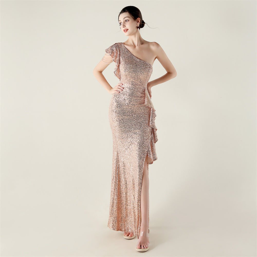 One Shouldered Ruffles Embellished Beaded Chain Handmade Sequined Evening Dress Cocktail Party Wedding