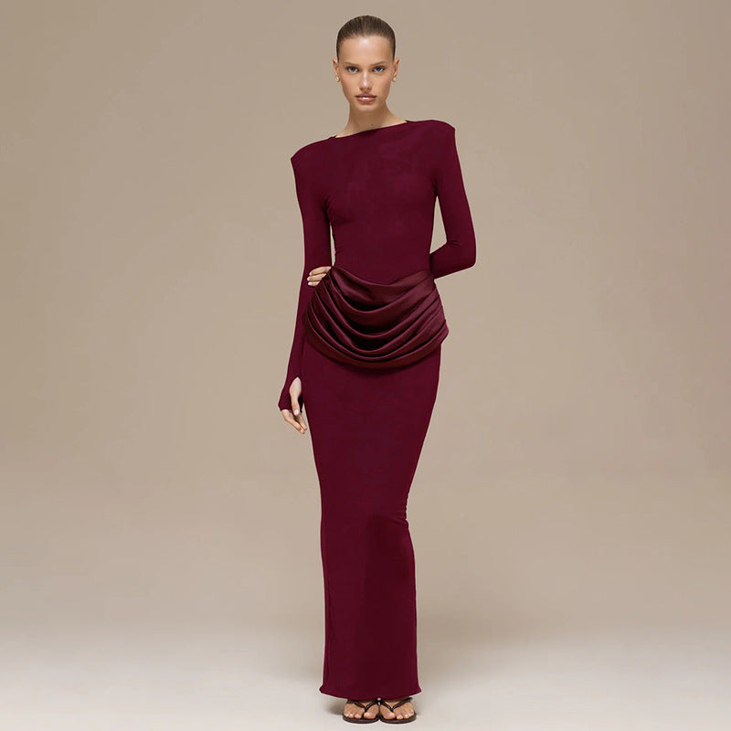 Women Clothing Autumn Winter Refined Lady Slim Fit Long Sleeve Pleated Sheath Maxi Dress