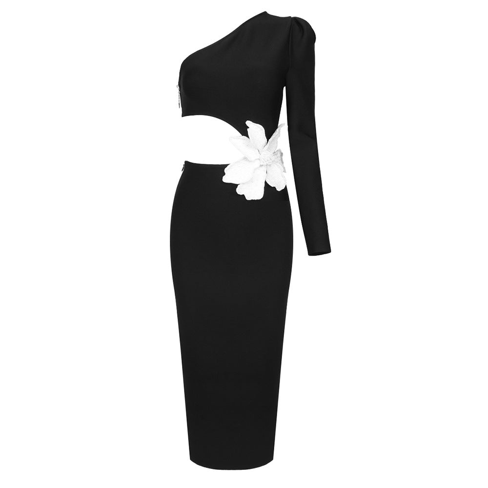 Long Black Sleeve Single Piece Diagonal Collar Dress Bandage Dress