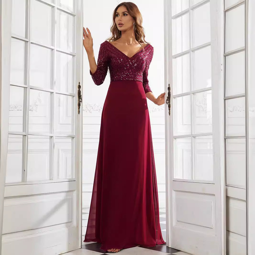 East Middle Chiffon Double V neck Dress A line Large Hem Sequin Stitching Evening Dress