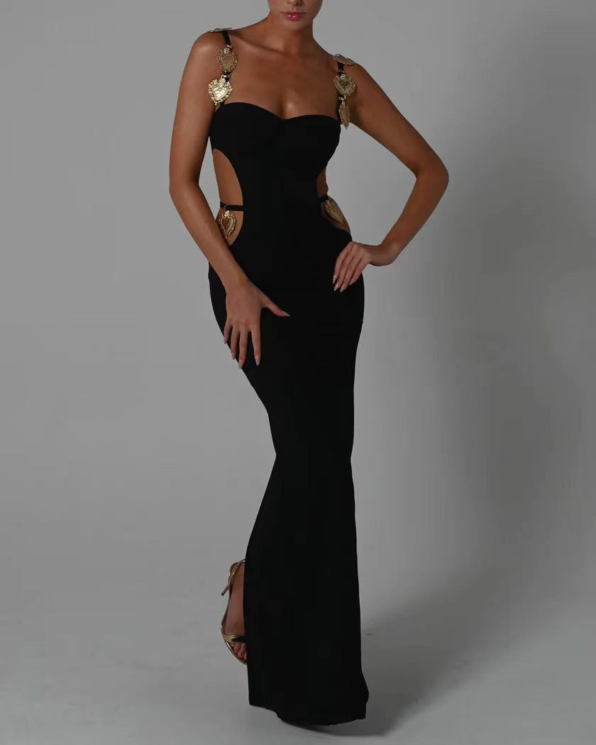 Alloy Ornament Hollow Out Cutout Backless Split Bandage Maxi Dress