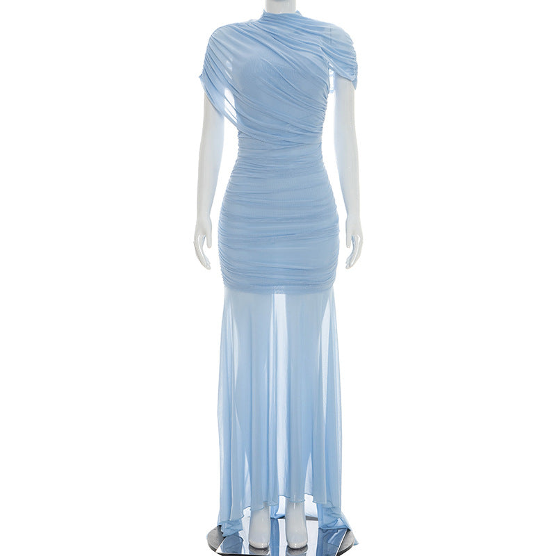 Women Clothing Summer Solid Color Mesh Stitching Short Long-Sleeved Pleated Trailing Slim Fit Maxi Dress