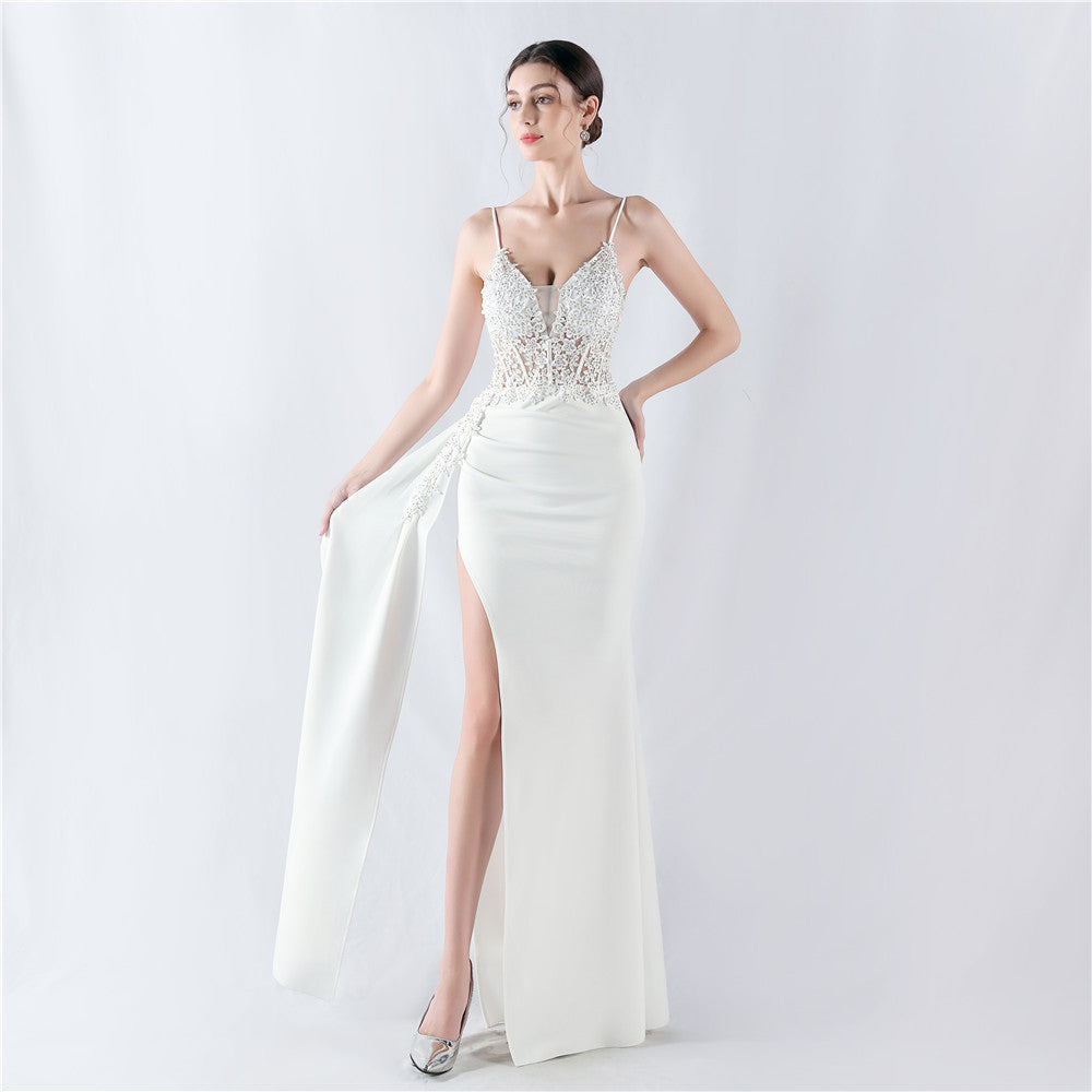 Dress Heavy Embroidery Drilling Order Flower Tight Waist Boning Corset Satin Evening Dress Annual Meeting Wedding